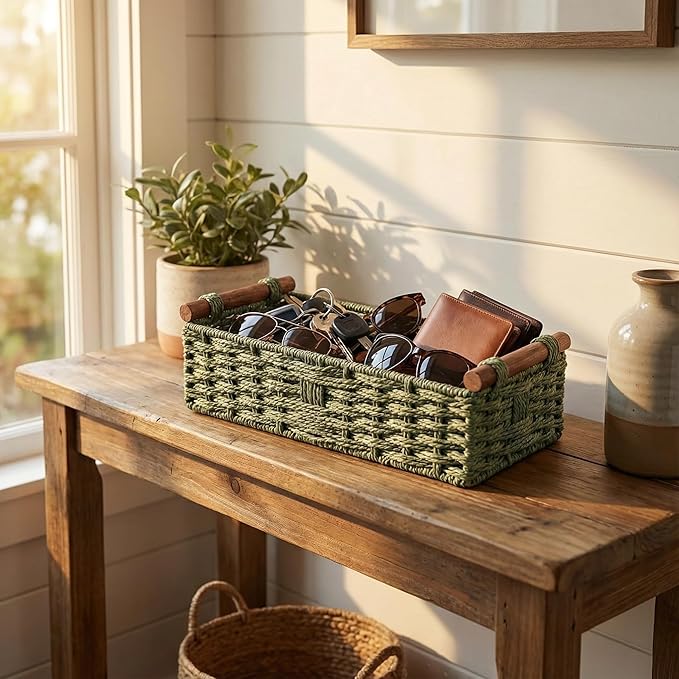 Sage Green Woven Bathroom Basket with Wood Handles — Toilet Paper Storage Organizer, Green Wicker Back of Toilet Basket, Boho Sage Green Bathroom Decor Tray for Tank Top or Shelf