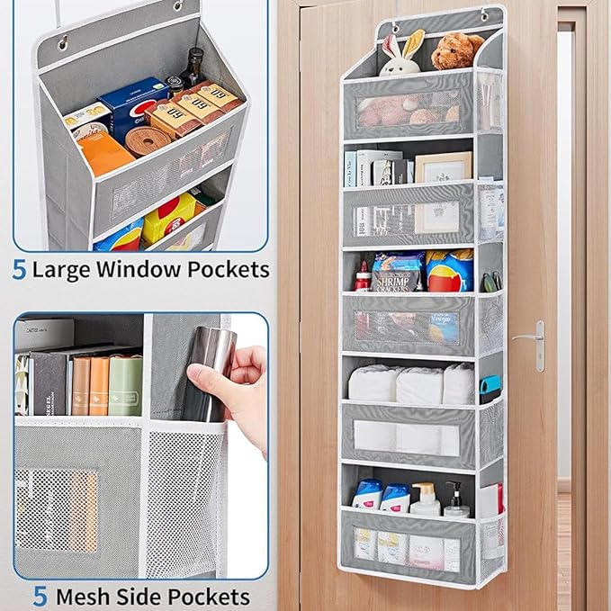 5-bin Over-the-Door Organizer - Large-Capacity Fabric Storage for Wardrobe, Bedroom, and Bathroom - Space-Saving Solution for Clutter-Free Living