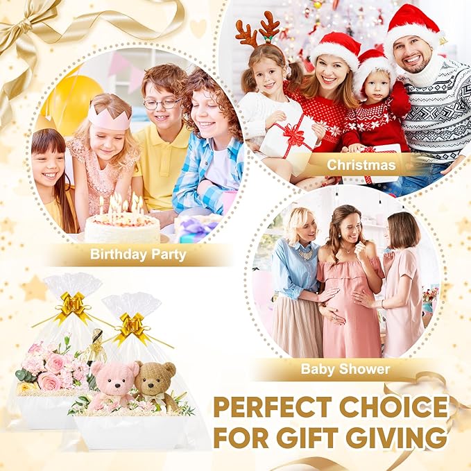 5 Pack Baskets For Gifts Empty, 10x12” White Gift Basket Kit with Clear Bags Gold Bows 200g Crinkle Cut Paper Empty Gift Baskets to Fill Large Gift Baskets for Christmas, Birthdays, Holidays, Weddings
