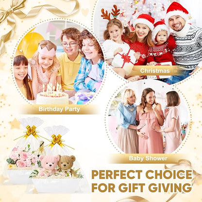 5 Pack Baskets For Gifts Empty, 10x12” White Gift Basket Kit with Clear Bags Gold Bows 200g Crinkle Cut Paper Empty Gift Baskets to Fill Large Gift Baskets for Christmas, Birthdays, Holidays, Weddings