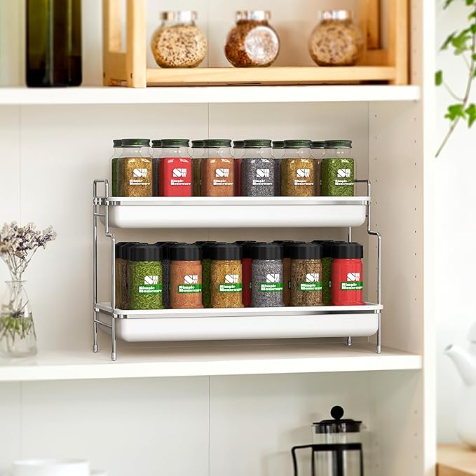 Simple Houseware 2-Tier Spice Rack Kitchen Bathroom Organizer Countertop Shelf, White