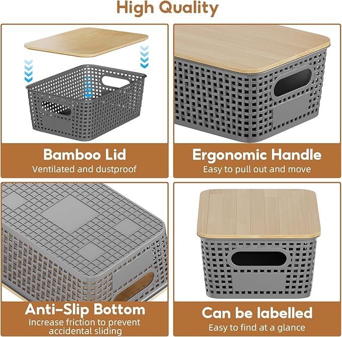 8 Pcs Plastic Storage Bins with Bamboo Lids and Labels 5.29qt Stackable Box Basket Pantry Decorative Containers, Small Storage Baskets for Drawers Organizing Closets Bedrooms Cabinets 10*7.2*4.1"