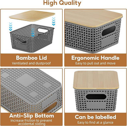 8 Pcs Plastic Storage Bins with Bamboo Lids and Labels 5.29qt Stackable Box Basket Pantry Decorative Containers, Small Storage Baskets for Drawers Organizing Closets Bedrooms Cabinets 10*7.2*4.1"