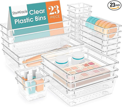StorMiracle 23 PCS Drawer Organizer Set, 5 Varied Size Bathroom and kitchen Drawer cabinet organizer Trays, Clear Storage Bins for Makeup, Jewelry, Utensils and Gadgets