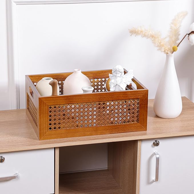 Wooden Storage Basket Set of 2 Handmade Rattan Drawer Storage Box with Frame & Handles Decorative Natural Bamboo Woven Bins Rustic Farmhouse Decor Home Office Tabletop Shelf Organizer