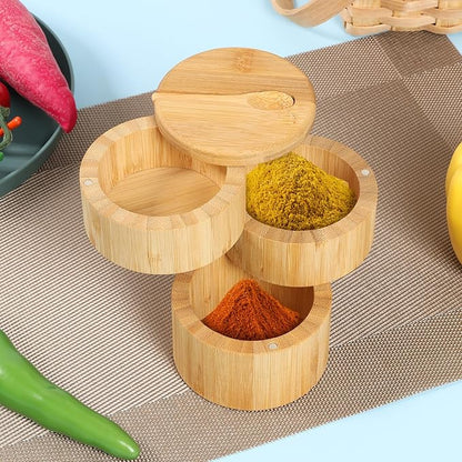 Bamboo Triple Salt Cellar, Salt Cellar with Magnetic Swivel Lid and Spoon, Salt and Pepper Bamboo Container, Large Capacity Salt Container for Sea Salt Coffee Seasoning