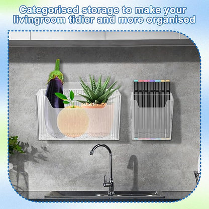 8 Pcs Storage Organizer Bins - Wall Mounted Basket in 2 Sizes, Clear Cabinet Door Stackable Adhesive Hanging Bin for Bathroom, Kitchen, Pantry