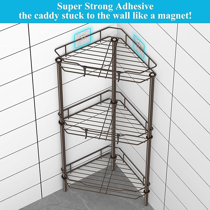 HuggieGems 3 Tier Floor Standing Corner Shower Caddy Organizer Shelf with Hooks, Bathroom Shelves Stand Rack, Bronze
