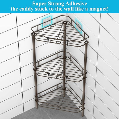 HuggieGems 3 Tier Floor Standing Corner Shower Caddy Organizer Shelf with Hooks, Bathroom Shelves Stand Rack, Bronze