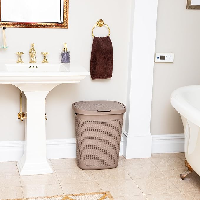 Mind Reader Slim Laundry Hamper with Lid, 40L Clothes Basket, Narrow Tapered Design with Ventilated Cutout Pattern, Plastic, Tan