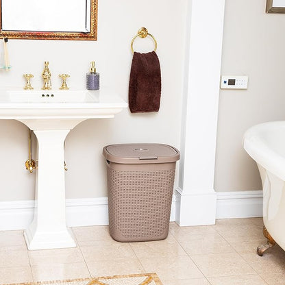 Mind Reader Slim Laundry Hamper with Lid, 40L Clothes Basket, Narrow Tapered Design with Ventilated Cutout Pattern, Plastic, Tan