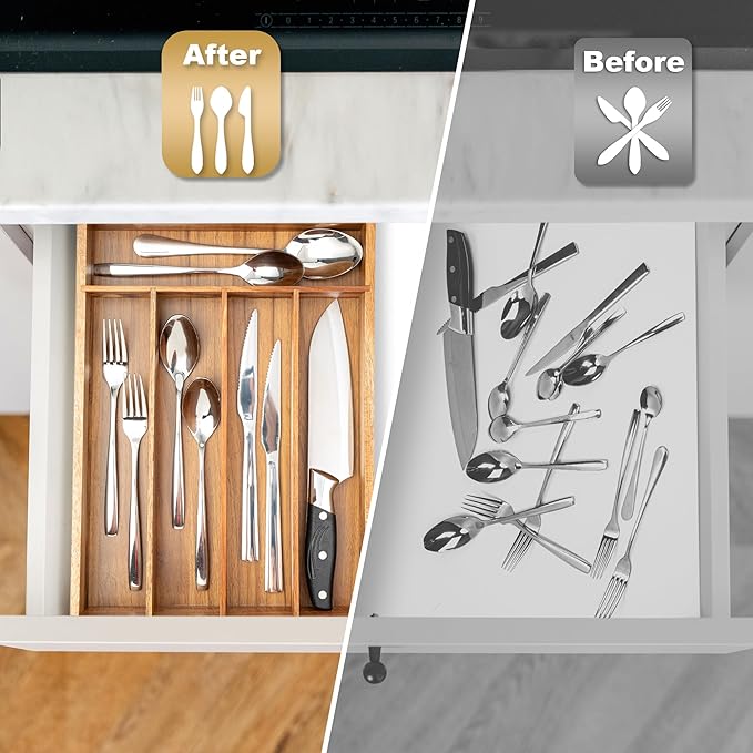Silverware Organizer Acacia Kitchen Drawer Organizer Utensil Organizer Silverware Holder Cutlery Organizer in drawer Flatware Organizer Tray (Acacia 5 Slots)