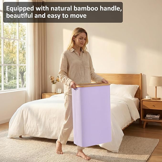 Slim Laundry Basket,60L Laundry Hamper with Lid, Tall Hamper for Laundry,Dirty Cloth Hamper with Bamboo Handle for Towels, Clothes Organizing,Purple