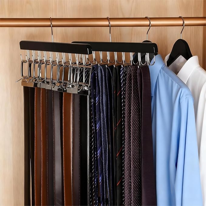 2 Packs Tie Rack & Belt Hanger 2 in 1 Hanger for Closet Organizer Max 42 Belts with 60 Ties Capacity Durable Wooden Tie and Belt Collection Organizer U for Belt and 一 for Tie Racks (Black)