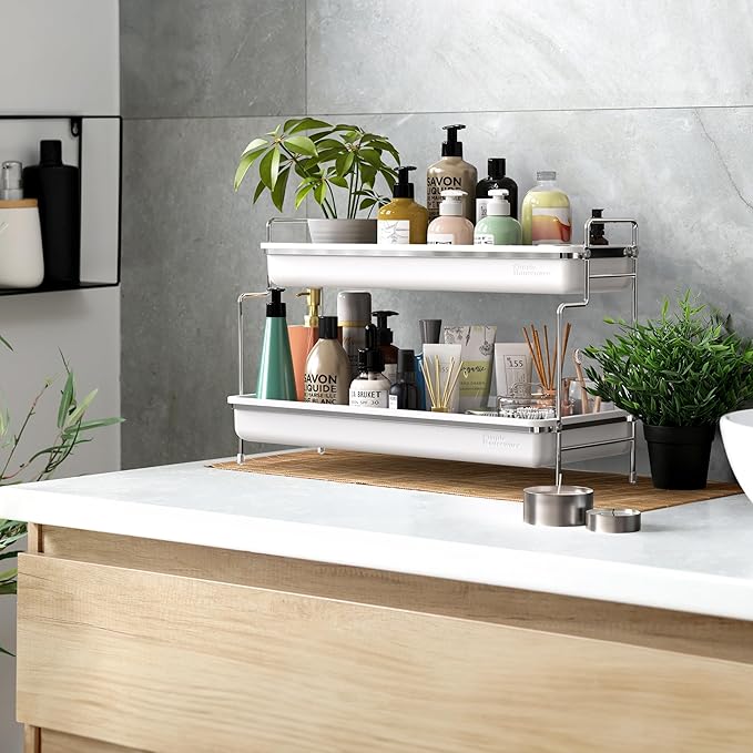 Simple Houseware 2-Tier Spice Rack Kitchen Bathroom Organizer Countertop Shelf, White