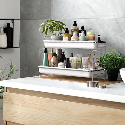 Simple Houseware 2-Tier Spice Rack Kitchen Bathroom Organizer Countertop Shelf, White