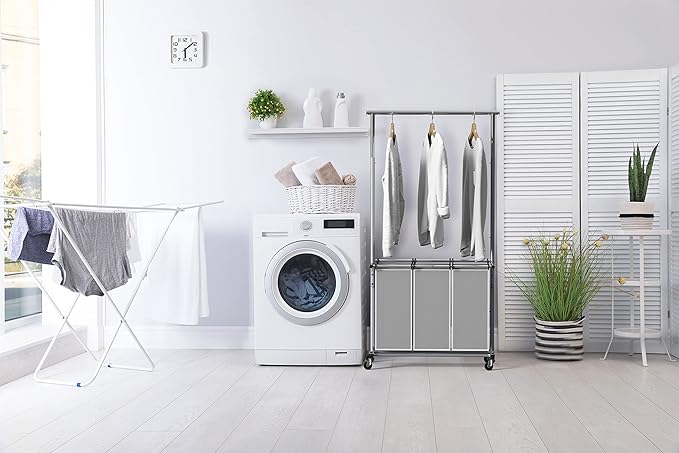 Simple Houseware 3 Bags Laundry Sorter with Extensible Clothes Hanging Rod