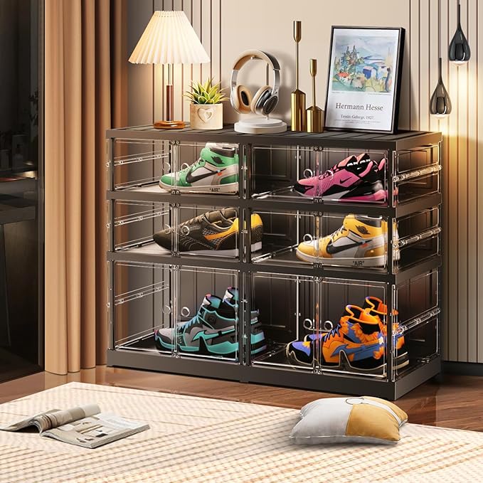 CIMLORD 3 Tier Foldable Shoe Rack for Closet Entryway 6-12 Pairs Stackable Clear Shoe Storage Boxes with Lids Shoes Shelf with Door Plastic Organizer Cabinet Easy Assembly Black