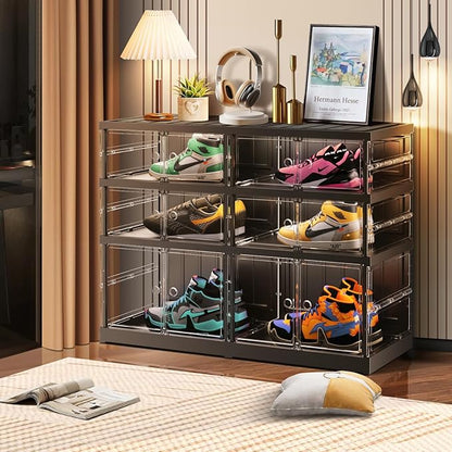 CIMLORD 3 Tier Foldable Shoe Rack for Closet Entryway 6-12 Pairs Stackable Clear Shoe Storage Boxes with Lids Shoes Shelf with Door Plastic Organizer Cabinet Easy Assembly Black