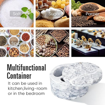 Salt Holder with Lid - Swivel Lid Marble Salt Cellar with Lid Two Compartments 6.3 Ounce Salt Containers for Countertop, White