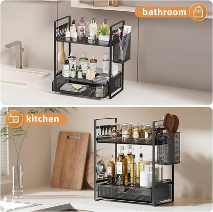VITVITI 2 Tier Bathroom Organizer Countertop with Drawer, Metal Mesh Bathroom Counter Vanity Organizer Storage, Bath Room Sink Kitchen Spice Rack with Basket Hooks, Black