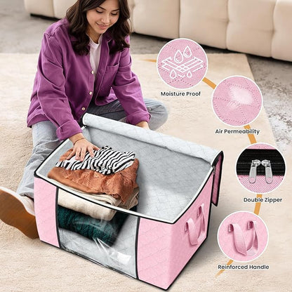 Fab totes 24 Gallons Clothes Storage, Foldable Thick Fabric Blanket Storage Bags, Containers for Organizing Bedroom, Closet, Clothing, Comforter, Organization with Handle (8 Pack,Pink)