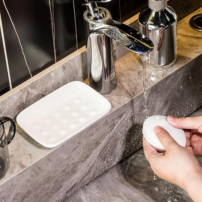 Miamolo Soap Dish, Ceramic Soap Holder Shower Soap Dish for Bar Soap Sponge, Soap Saver Tray for Bathroom Kitchen Sink, White