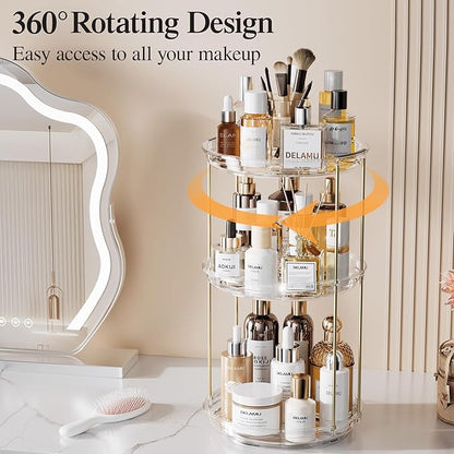 Delamu 3 Tier Rotating Makeup Organizer for Vanity, Skincare Organizer for Bathroom Counter, Spinning Perfume Organizer Cosmetic Holder with Large Capacity, Clear