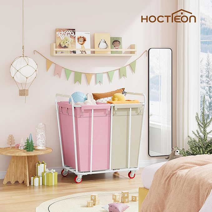 Hoctieon 2 Section Laundry Sorter Cart, 400L Rolling Hamper with Wheels, Industrial Laundry Basket Organizer, Extra Large Dirty Clothes Hamper for Home & Hotel, Heavy Duty, Pink+Beige