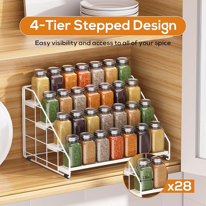 Spice Rack Organizer for Cabinet, 4 Tiered Spice Rack Organizer, Tiered Adjustable Spice Shelf for Kitchen (White-2Pcs)