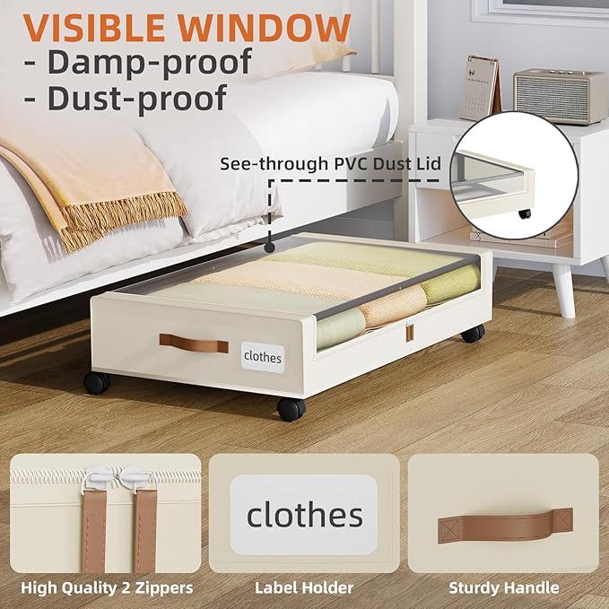 Somdot Under Bed Storage with Wheels, 2 Pack Bed Storage Containers with Dividers & Clear Lids, Easy Pull-out Metal Drawer for Clothes, Shoes,Toys, Blankets (Beige)