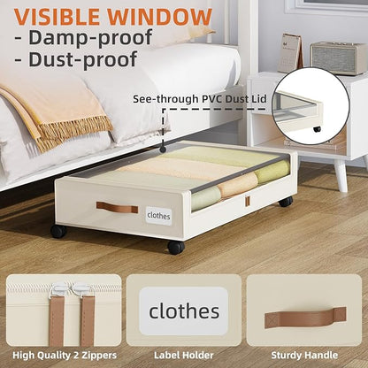 Somdot Under Bed Storage with Wheels, 2 Pack Bed Storage Containers with Dividers & Clear Lids, Easy Pull-out Metal Drawer for Clothes, Shoes,Toys, Blankets (Beige)