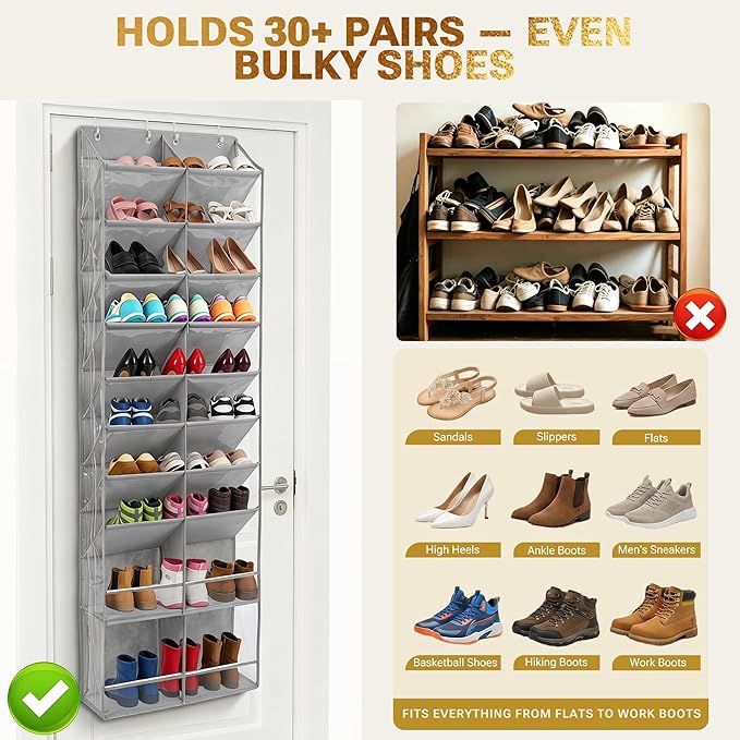 HOMELUX THEORY 30 Pairs Over The Door Shoe Organizer - 10 Tiers Deep Pockets Shoe Rack for Closet, Shoe Rack for Entryway & Hanging Shoe Organizer for Closet for Sneakers, Boots (V3, Dark Gray)