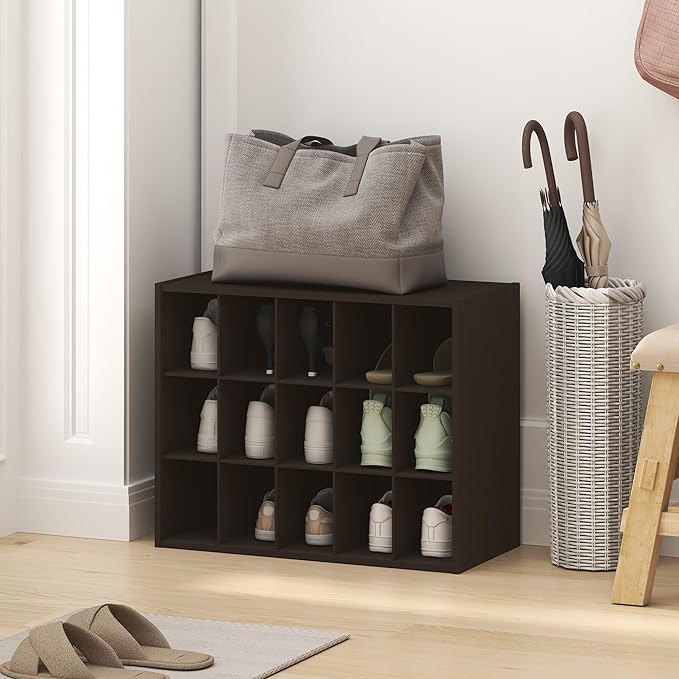 Furinno FANO Shoe Rack, 15-Cube Shoe Organizer, Stackable Shoe Storage, 11.4 x 24.2 x 19.3, for Closet Entryway, Office, Garage, Black Dark Oak