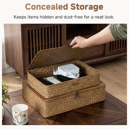 StorageWorks Wicker Basket with Lid, Flat Wicker Storage Bins with Lids, Large Storage Basket with Lid, Seagrass Baskets for Shelves, Woven Baskets with Lids, Decorative Box