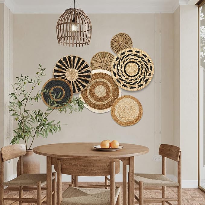 7 Pcs Boho Wall Basket Decor, Rattan Wicker Boho Wall Decor, Hanging Woven Basket Wall Decor, Round Handmade Wall Art for Living Room Bedroom Display Table Settings Home Christmas Decoration (Black)