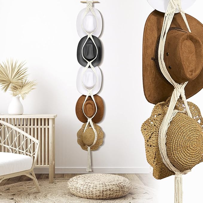 Yulejo Macrame Hat Hangers Racks Boho Cowboy Hats Holders Western Display Organizer Storage decor Back of Door for Wall(White,Five Hats Style)