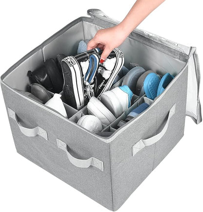 Moteph Shoe Organizer Closet Storage Solution with Clear Cover & Adjustable Dividers for Shoes, Handbags, Blankets, Linen, Clothing (Grey, Small - 12 Pairs)
