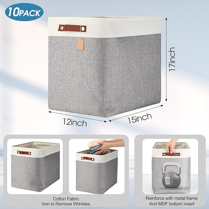 Uiifan 10 Pcs Collapsible Storage Bins Fabric Foldable Storage Basket with Handles Cloth Organizer Linen Shelf Baskets for Shelves Home Closet Nursery Toys(17 x 15 x 12 Inch,Gray and White)