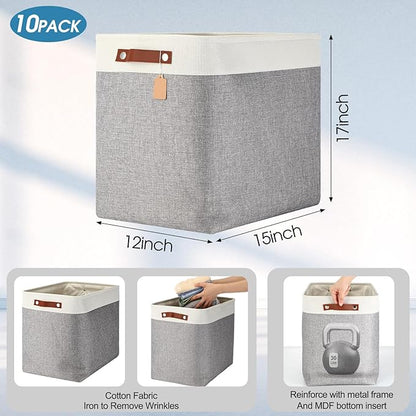 Uiifan 10 Pcs Collapsible Storage Bins Fabric Foldable Storage Basket with Handles Cloth Organizer Linen Shelf Baskets for Shelves Home Closet Nursery Toys(17 x 15 x 12 Inch,Gray and White)