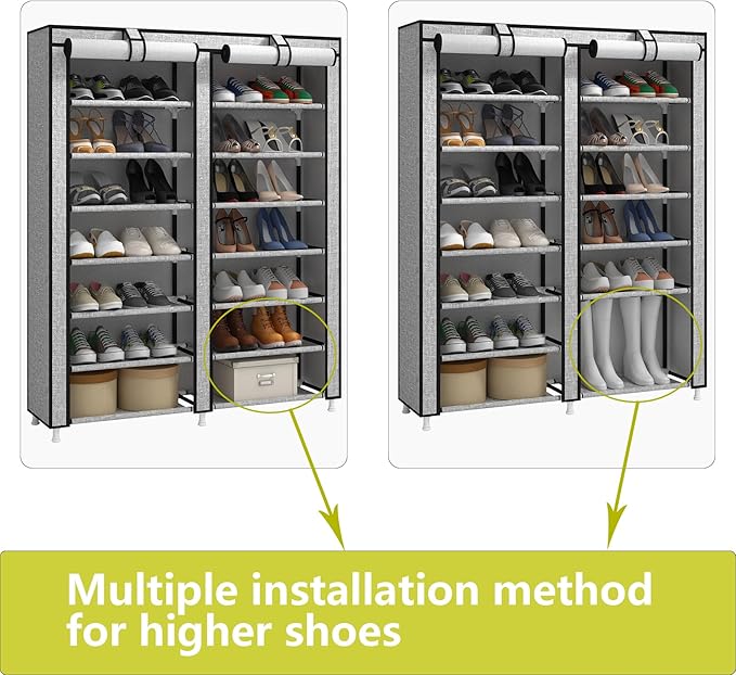 JIUYOTREE 7-Tier Shoe Rack Storage Organizer with Dustproof Cover Closet Cabinet Shelf Holds up to 28 Pairs for Doorway Corridor Balcony Living Room Ash Gray