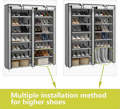 JIUYOTREE 7-Tier Shoe Rack Storage Organizer with Dustproof Cover Closet Cabinet Shelf Holds up to 28 Pairs for Doorway Corridor Balcony Living Room Ash Gray