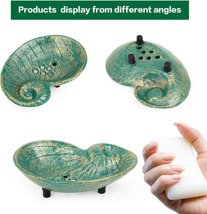 Sungmor Heavy Duty Cast Iron Soap Holder, Vintage Bar Soap Dish for Kitchen Bathroom Sink, Lovely Seashell Shape & Antique Green Sponge Dish Soap Tray, Decorative Jewelry Holder Tabletop Container