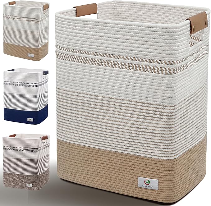 Large Laundry Hamper Basket, 85L Cotton Rope Woven Storage Bin for Blankets, Dirty Clothes Toys, Decorative Tall Basket with Leather Handles for Living Room, Bedroom, Bathroom, Nursery, Jute