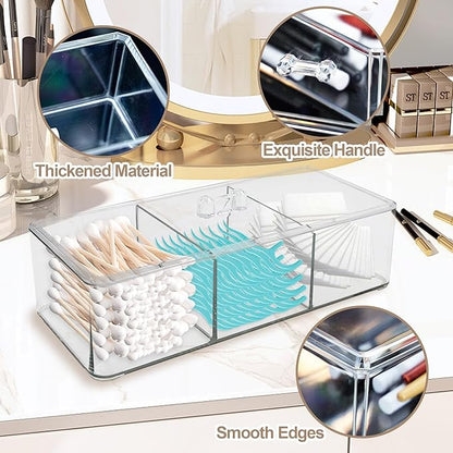 Square Qtip Holder, 3 Compartments Cotton Ball Holder, Box with Lid in Bathroom, Qtip Dispenser Containers for Cotton Swabs & Ball, Make Up Pads (Transparent)