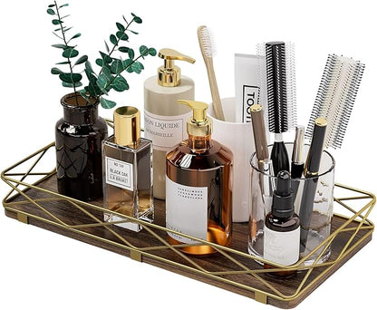 Lixple Toilet Paper Basket Holder, 13" Toilet Tank Tray, Wood and Metal Toilet Tray Vanity Organizer Bathroom Tray, Kitchen Sink Organizer for Soap Dispenser (Brown+Gold)