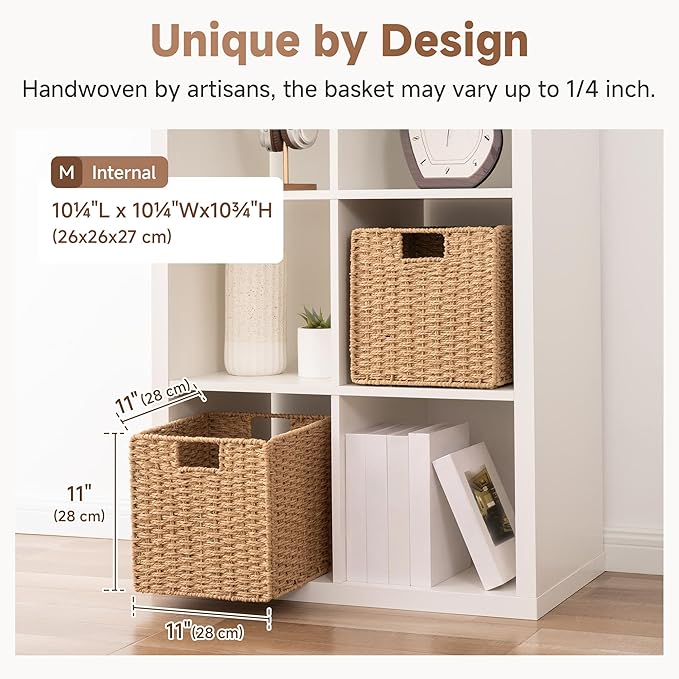 StorageWorks 11 inch Wicker Baskets, Handwoven Storage Cubes with Handles, Foldable Paper Rope Basket for Organizing, Natural, 2 Pack