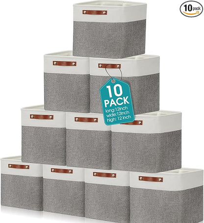 Uiifan 10 Pcs Collapsible Storage Bins Fabric Foldable Storage Basket with Handles Cloth Organizer Linen Shelf Baskets for Shelves Home Closet Nursery Toys(12 x 12 x 12 Inch,Gray and White)
