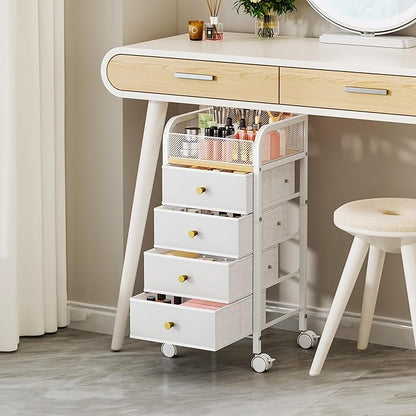 SWTYMIKI Rolling Makeup Organizer Cart - Under Desk Vanity Makeup Storage with 4 Non-woven Drawers, Nail Cart Organizer Cosmetic Display Cases Cabinet for Skin Care Perfume Nail Polish Brush Hair Tool