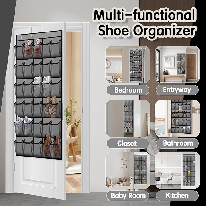 Kotkn Over the Door Shoe Organizer with 30 Breathable Mesh Pockets (2PC-Gray)